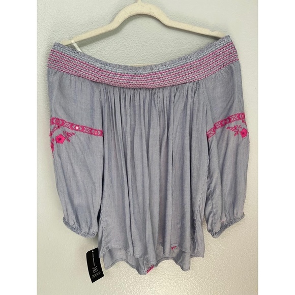 INC Off the Shoulder Blue with Hot Pink Embroidered Smocked Size S Bohemian Chic - Picture 10 of 10